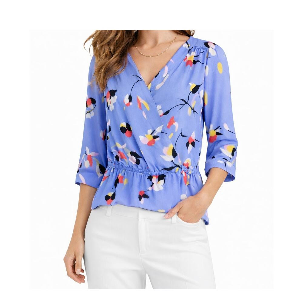Halogen Periwinkle Blue Abstract Floral Peplum Blouse XS V Neck NWOT